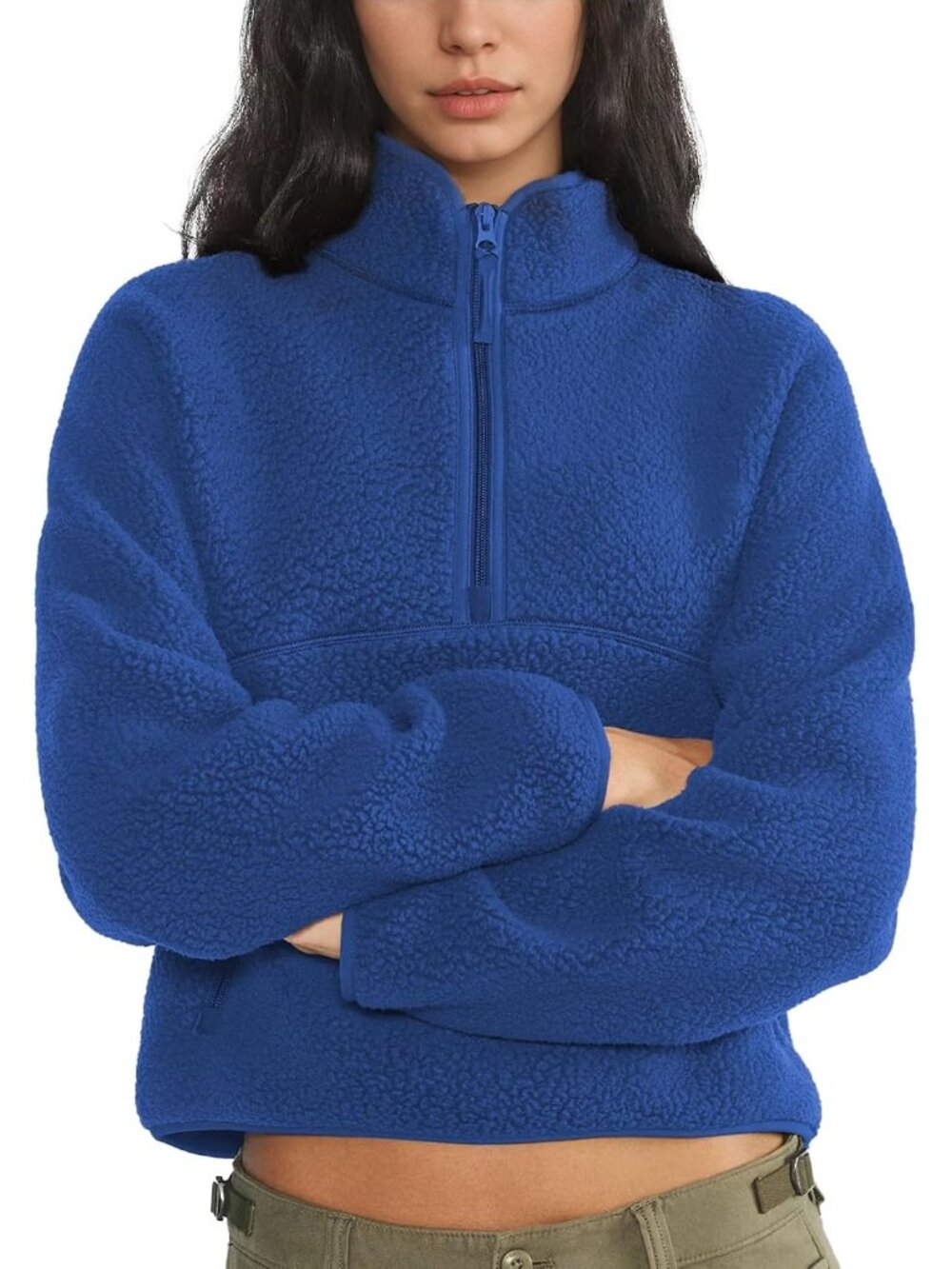 Women Dark Blue 100% Polyester Mock-neck Fuzzy Sherpa Fleece Half-Zip Sweatshirt